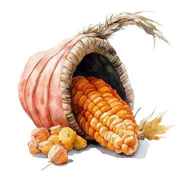 Cornucopia, clipart watercolor vector, isolated on a white background.
