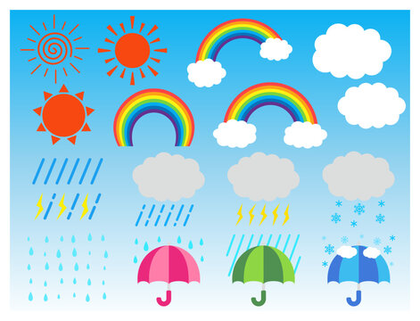 天気のかわいいイラストセット：晴れ・曇り・雨・雷・太陽・雲・虹・雪・傘