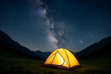 Fototapeta premium Glowing yellow tent under starry night sky with milky way in mountains