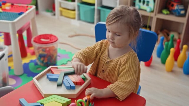 Girl arranging wooden shape puzzle blocks with hands on a small table in a preschool playroom, fitting pieces and pointing; quiet concentration.