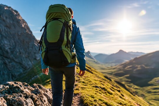 Hiker and backpacker trekking on a mountain ridge for a nature adventure journey