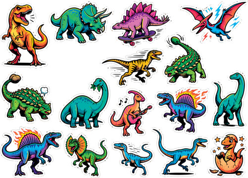 Fun cartoon prehistoric dinosaur stickers on wood