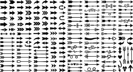 Mega bundle of black arrow vector silhouettes featuring tribal hipster pointers sketchy doodles geometric signs and interface directional symbols © MstAduri