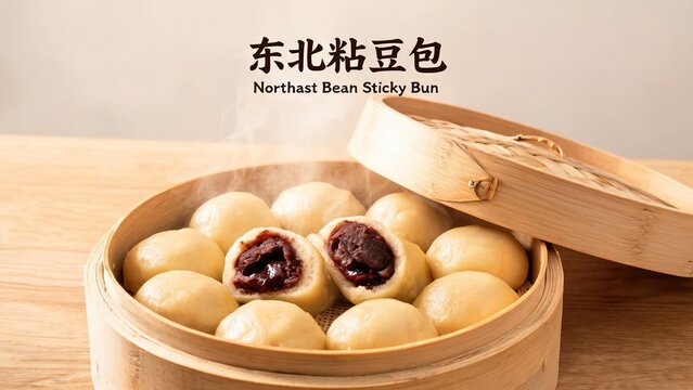 Steaming Northeast Chinese Sticky Red Bean Buns in Open Woven Bamboo Steamer, Two Cut Open to Show Thick Sweet Red Bean Paste Filling, Light Wooden Table Traditional Northeastern China Snack Food Phot