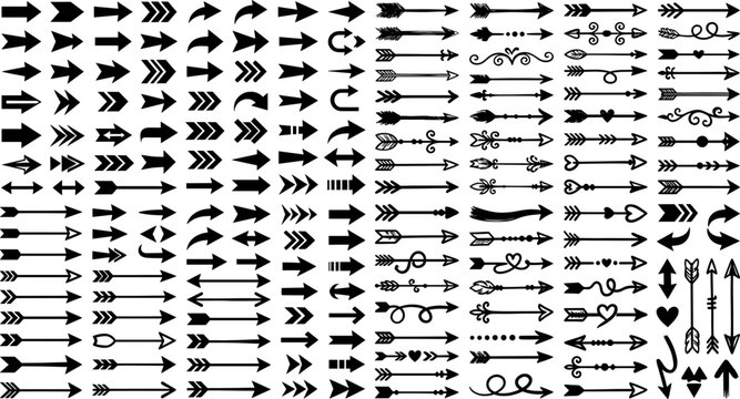 Mega bundle of black arrow vector silhouettes featuring tribal hipster pointers sketchy doodles geometric signs and interface directional symbols