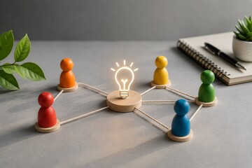 Obraz premium Colorful wooden figures connected around a glowing light bulb symbolizing teamwork innovation collaboration and creative problem solving