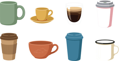 Fototapeta premium Minimal Coffee Cup Collection with Ceramic Mugs, Espresso Cup, Glass Coffee, Takeaway Cups, Travel Tumbler, and Enamel Mug Vector Set