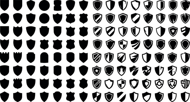 Mega bundle of black shield silhouettes protection badges security emblems heraldic frames and corporate identity logo design elements