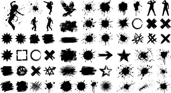 Mega bundle of black ink brush strokes paint splatters grunge textures dancing human silhouettes and abstract geometric design symbols