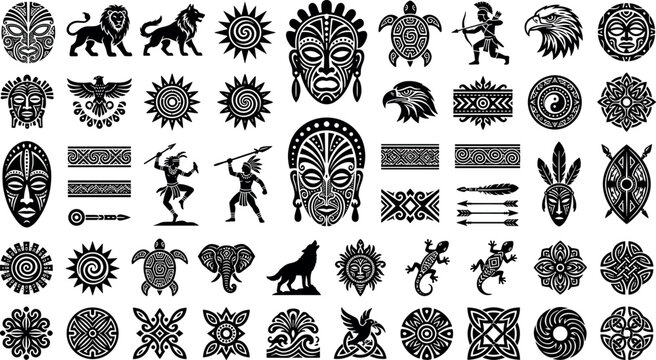 Mega bundle of black tribal silhouette symbols featuring ethnic masks wild animals sun patterns warriors and traditional geometric ornaments