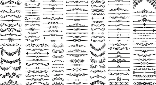 Mega bundle of vintage text dividers calligraphic borders ornate scroll rules and decorative filigree accents vector line elements