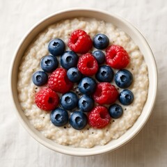 Fototapeta premium Oatmeal porridge bowl with blueberries, raspberries and chia seeds