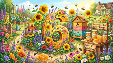 Fototapeta premium A colorful garden scene with a large bee sculpture surrounded by vibrant flowers and a beehive.
