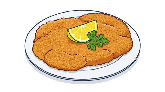 Austrian wiener schnitzel breaded cutlet with lemon wedge and parsley on plate vector illustration