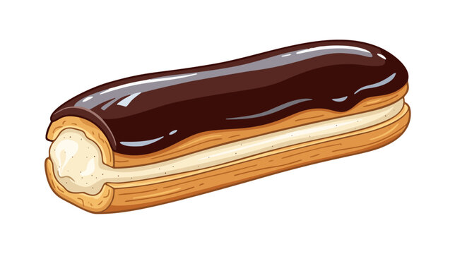 French chocolate eclair pastry filled with vanilla custard cream vector illustration