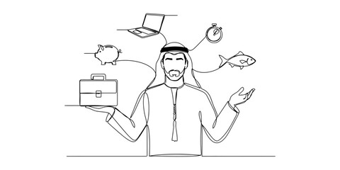 Continuous line drawing of an arab businessman holding a briefcase with business icons like a laptop piggy bank timer and fish floating around his head © Badhon_Designer