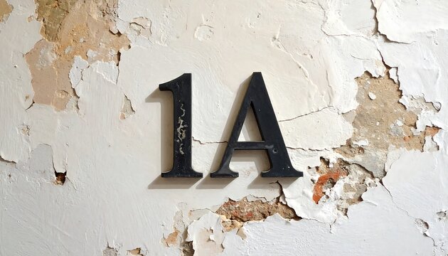 Close-up of black, metallic "1A" house number on an aged, weathered wall with peeling white paint, revealing layers