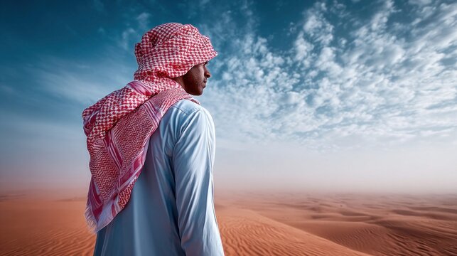 Man in traditional Arab clothing gazes across the vast desert landscape