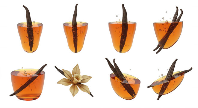 vanilla pods in various clear glass cups filled with syrup floating against a white background culinary illustration