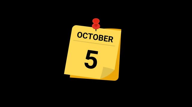 animated sticky note calendar showing October 5 with transparent background