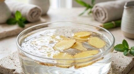 Refreshing Lemon Water in Clear Glass Bowl with Fresh Lemons and Mint on Light Kitchen Countertop.