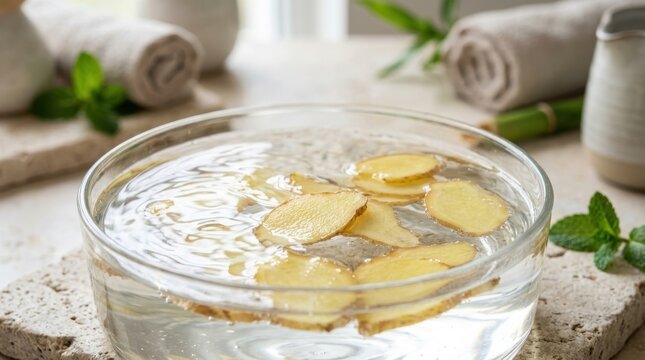 Refreshing Lemon Water in Clear Glass Bowl with Fresh Lemons and Mint on Light Kitchen Countertop.