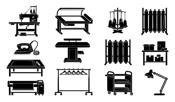 Garment Manufacturing and Textile Apparel Workshop Equipment Icon Set with Sewing Machine Fabric Rolls and Ironing Tools