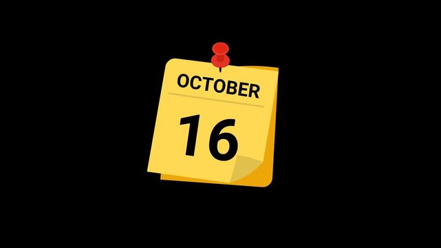 animated sticky note calendar showing October 16 with transparent background