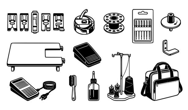 Sewing Machine Parts and Tailoring Hardware Accessory Icon Set with Presser Feet Bobbins Needle Pack Stand and Carrying Bag