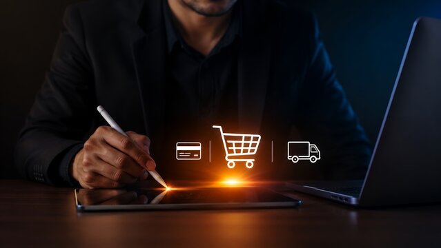Digital Ecommerce Payment and Delivery Workflow with Online Shopping Cart on Tablet