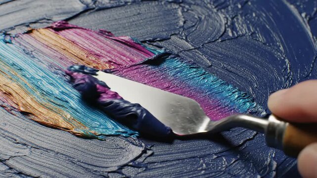 Palette knife blending iridescent metallic colors into navy blue oil paint, creating thick, textured impasto strokes on canvas.