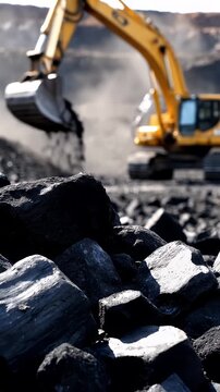 Yellow excavator mining coal in open-pit quarry.