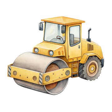 Watercolor illustration of a cute yellow road roller construction vehicle isolated on a white background.