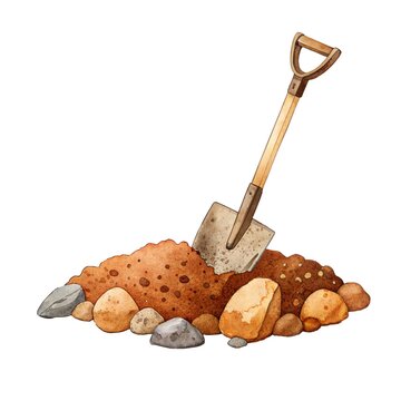 Watercolor illustration of a shovel in a pile of soil with stones isolated on a white background.