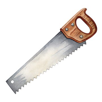 Watercolor illustration of a cute hand saw with wooden handle isolated on a white background.