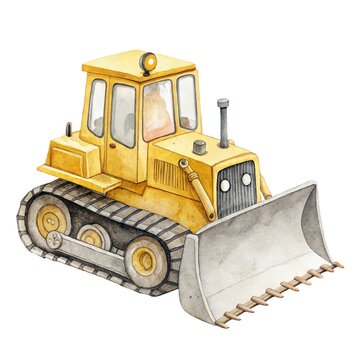 Watercolor illustration of a cute yellow bulldozer construction vehicle isolated on a white background.