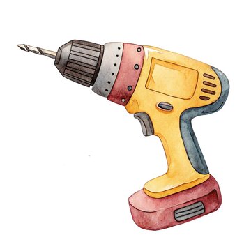 Watercolor illustration of a cute yellow cordless power drill isolated on a white background.