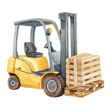 Watercolor illustration of a cute yellow forklift truck with wooden pallets isolated on a white background.