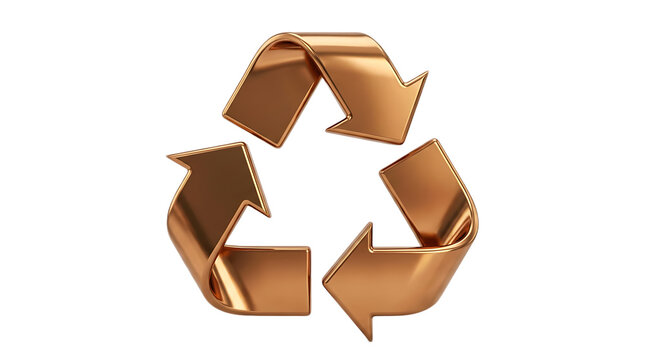 Metallic bronze recycling symbol isolated on a clean white background