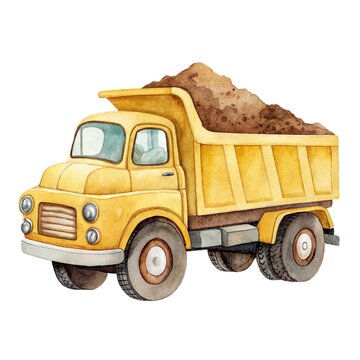Watercolor illustration of a cute yellow dump truck filled with dirt isolated on a white background.