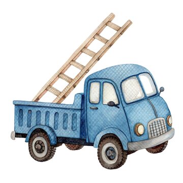 Watercolor illustration of a cute blue service truck carrying a wooden ladder isolated on a white background.