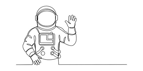 Continuous single line drawing of an astronaut waving hello in a space suit © Badhon_Art Gallery