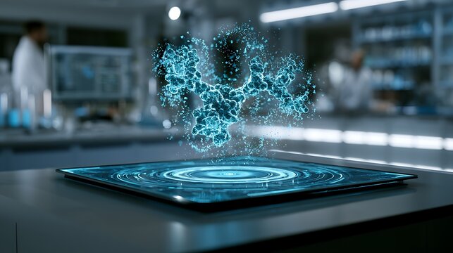 Advanced molecular simulation hologram floating above futuristic laboratory table, pharmaceutical AI analytics