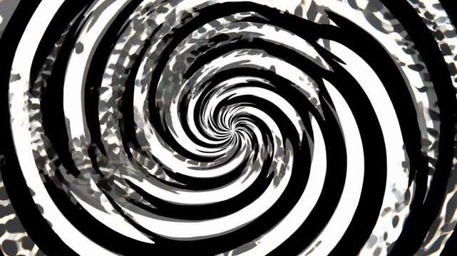 Hypnotic black and white spiral vortex with a distressed animal print background.