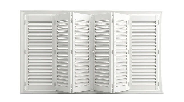 White louvered window shutters with hinged folding panels on a clean isolated background