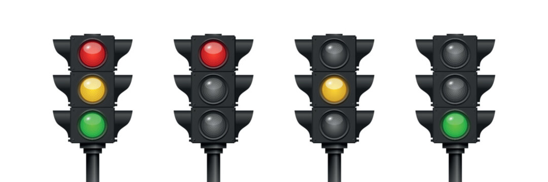 Vector 3d Traffic Light Set With Red Yellow Green Signals. Street Intersection Control Icons. Realistic 3d Stoplight Isolated. Road Safety Transportation Symbol