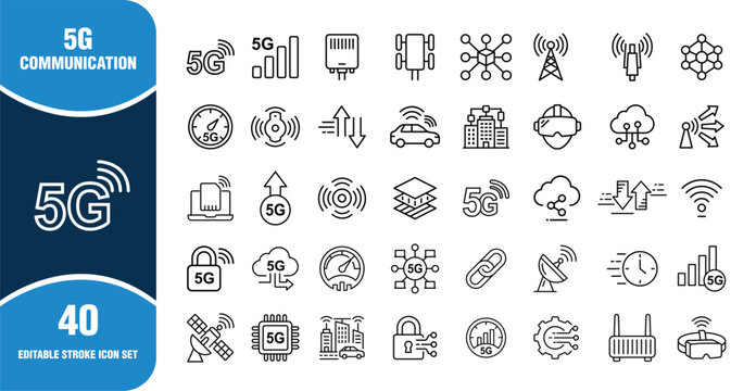5G Communication Technology Editable Stroke Line Icon Set with Wireless Network, Telecom, IoT and Smart Connectivity Symbols