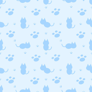 Cute Blue Pastel Cat Paw Seamless Pattern Vector