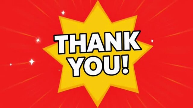 comic book style graphic with the words "THANK YOU!" in bold white letters against a bright yellow starburst on a red background with radiating lines and sparkling stars.