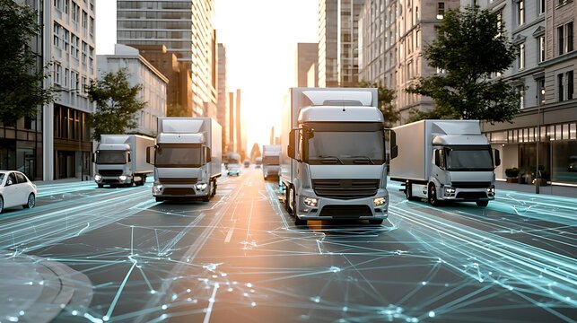 Multiple delivery trucks navigating downtown streets using AI route optimization, digital navigation beams